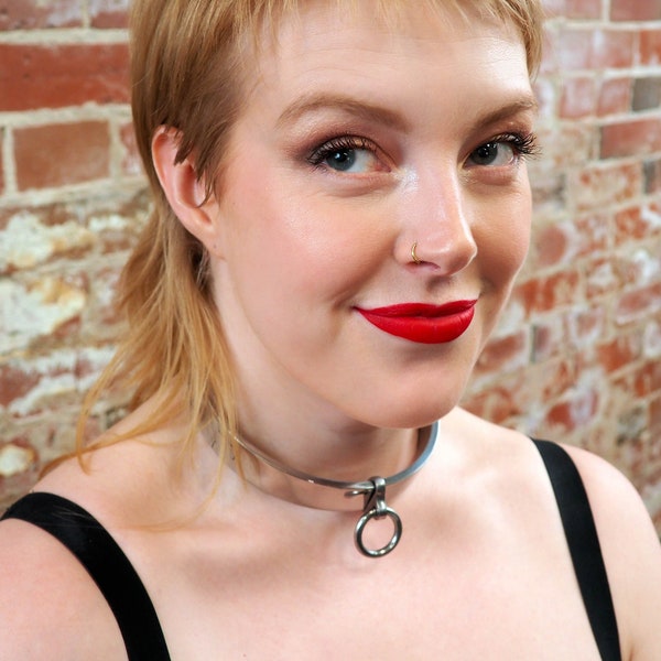 Locking Flat Slave Collar Silver Stainless Steel BDSM Coker with Removable O Ring,  Submissive Jewelry, Multiple Sizes Available