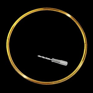May include: A thin, circular gold-colored metal hoop with a smooth, reflective surface. Positioned inside the hoop is a small, silver-colored metal drill bit featuring a spiral fluted shaft and a textured cylindrical shank for gripping.