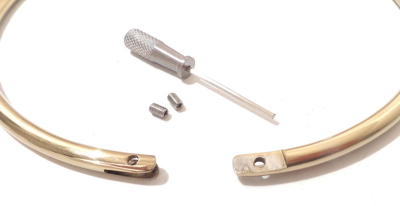 K&ouml;nnte beinhalten: Eine goldfarbene, offene Halskette mit einem kleinen Schraubendreher und zwei kleinen Schrauben. Die Halskette besteht aus gl&auml;nzendem Metall und hat an einem Ende einen Verschluss. Der Schraubendreher ist silberfarben und hat einen strukturierten Griff.