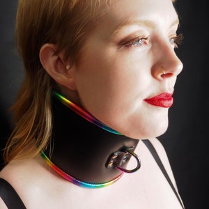 Adjustable Lockable Padded Leather Posture Collar with Rainbow Trim – Comfortable and Stylish Design