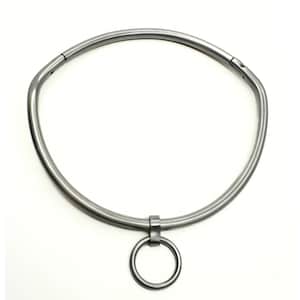 May include: A silver metal choker necklace with a round ring attached. The choker is made of a thick, smooth metal and has a simple, minimalist design.