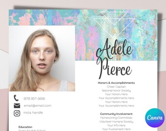 Sorority Resume with Photo Colorful Template for Canva, Easy to Use, Instant Download A1