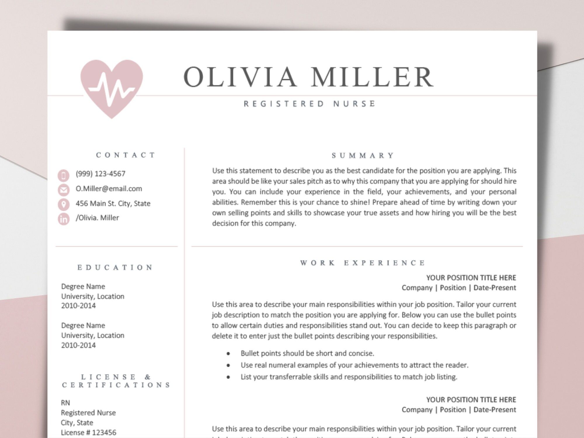 Pink Nursing Resume Template for MS WORD CV Template Easy to - Etsy