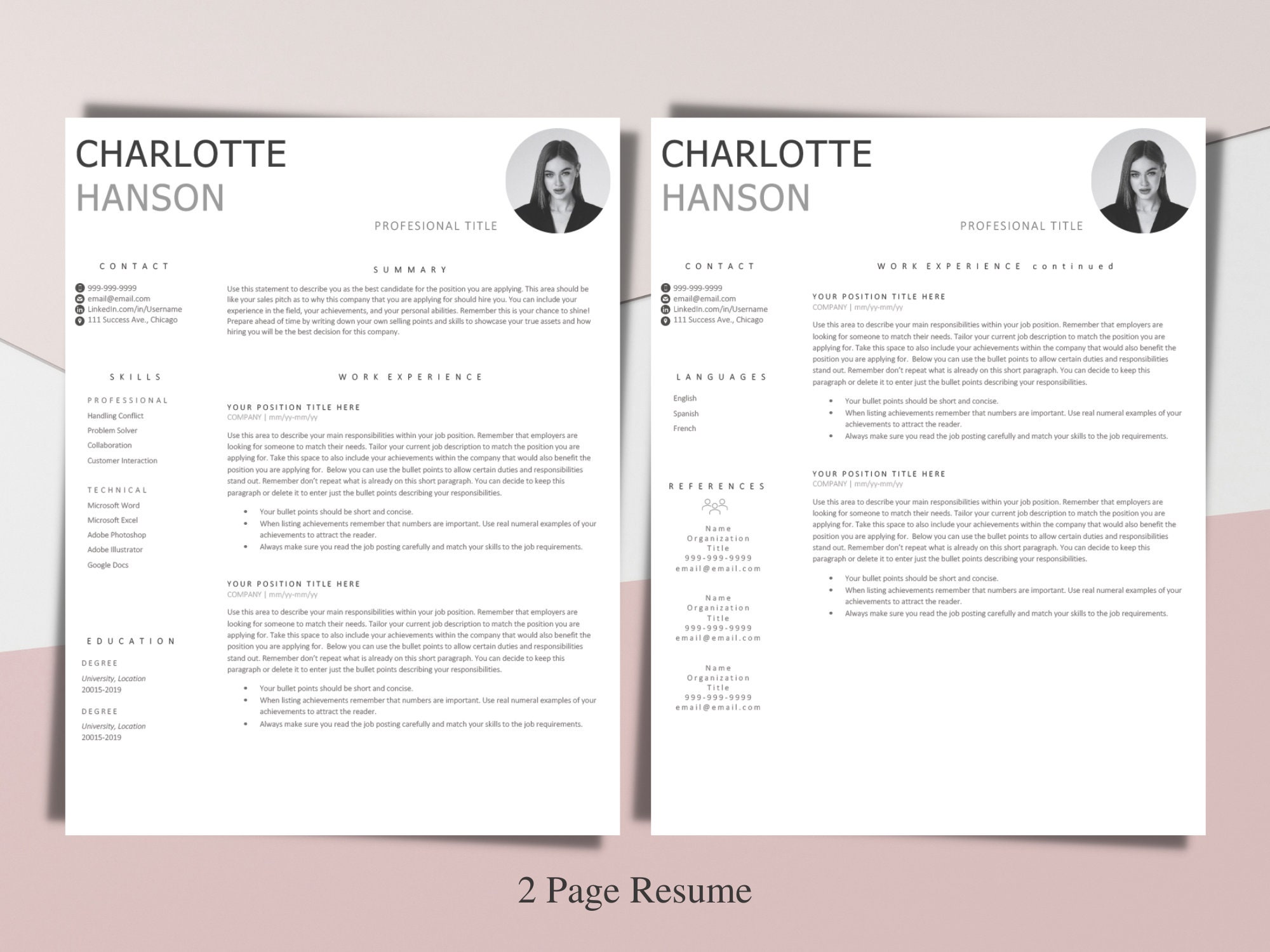 Modern Resume Template for WORD 1 & 2 Page Resume CV Bundle - Etsy