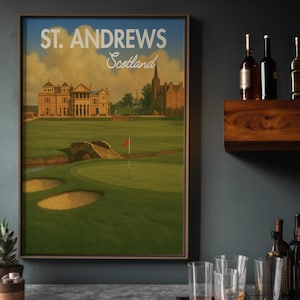 Stampa sul golf di St. Andrews / Arte minimalista sul golf / Poster di viaggio in Scozia / Regalo per lui dedicato al golf / Decorazione da parete per ufficio o caverna maschile