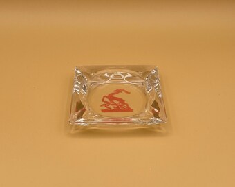 Vintage Mid Century Modern Art Deco Pink/Coral Gazelle Square Clear Glass Ashtray