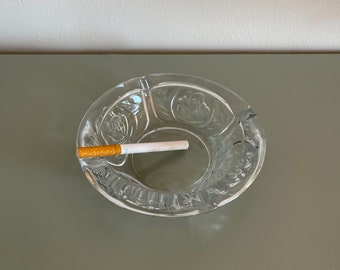 Vintage KIG Indonesia Rose Embossed Clear Pressed Glass Ashtray