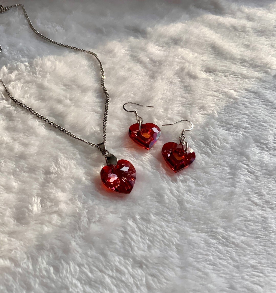 Swarovski Crystal Jewelry Set Lovers Gift Elegant Dark Red Crystal Heart Necklace & Earrings