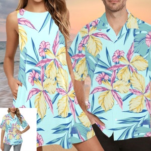 Matching Tropical Hawaiian Couple Family Shirt, Floral A-line Dress, Daddy Daughter, Anniversary, Beachwear, Luau, Tiki, Summer Boat Party