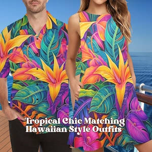 Matching Tropical Chic Hawaiian Outfits, Couples Hawaiian Beachwear, Hawaiian Dress, Beach Destination Wedding, Island Vacation, Luau Party