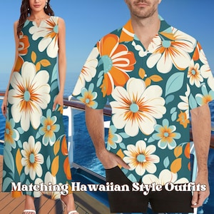 Matching Retro Hawaiian Dresses and Shirts, Couples Hawaiian Outfit, Green Hawaiian Dress, Beach Wedding, Girls Trip, Vacation, Group Photo