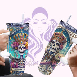 Gepersonaliseerde tarotkaart met skelet The Drama Queen 40oz bekers, aangepaste naam bekers met grote handvaten