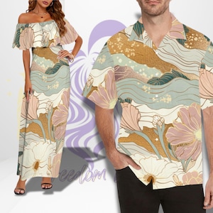 Off Shoulder Hawaiian Style Dress and Matching Shirt, Couples Vacation Resort Outfits, Plus Size Hawaiian, Luau Dress, Cruise, His and Her