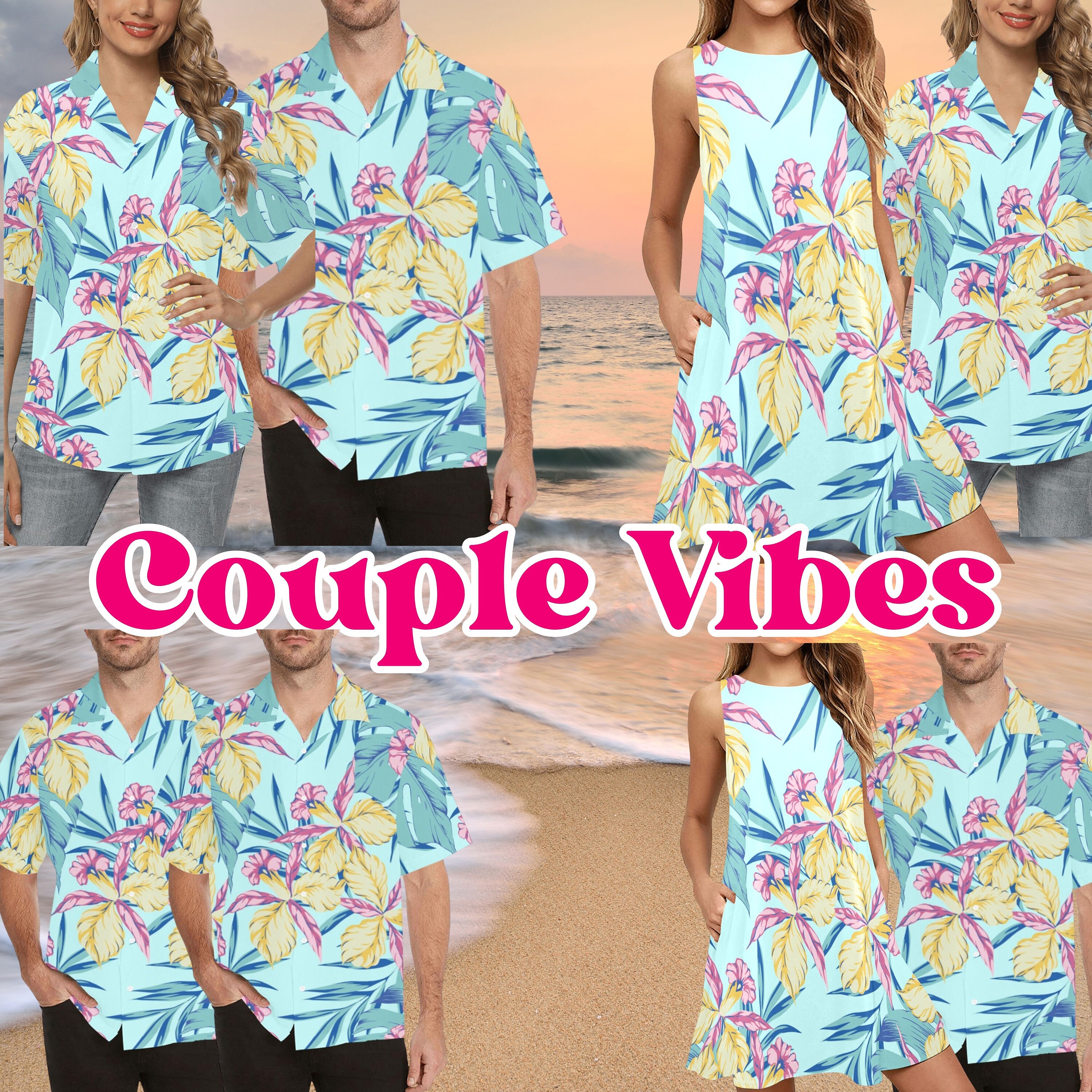 Hawaiian Dress and Shirt Couple Matching Bundle - Honu & Palm White