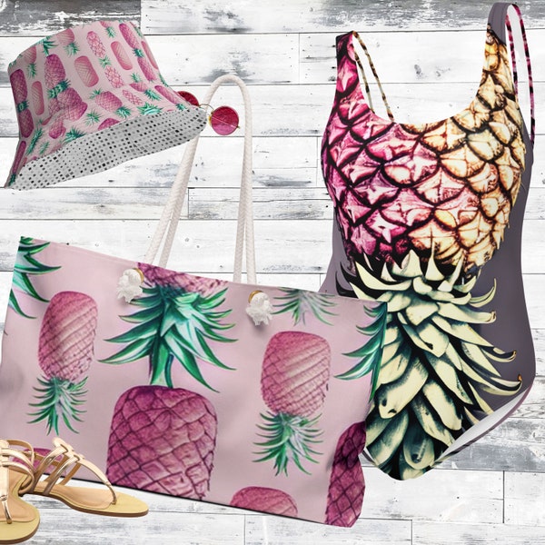 Upside Down Pineapple Bathing Suit Set Oversized Weekender Bag & Reversible Bucket Hat | Swingers Bikini | Plus Size Swim | Polyamorous