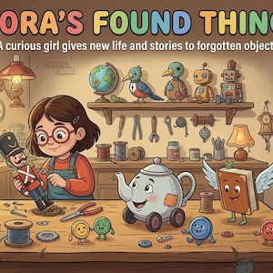 May include: An illustration titled FLORA'S FOUND THINGS featuring a girl with brown hair and glasses working at a wooden workbench. On the table are a nutcracker, a teapot on wheels, a winged book, and buttons. Shelves hold toys, tools, and cats.