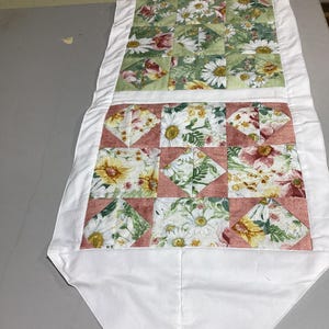 Handmade Floral Table Runner – Extra Long, Pastel Cotton Table Decor with Triangle Ends