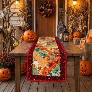 Handmade Quilted Fall Table Runner with Pumpkins & Autumn Charm  table setting decor home decor accents kitchen dining room