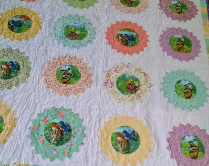 Featured listing image: Personalized Bird & Flower Quilt - Handmade Throw Blanket