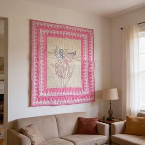 Colgador de pared con ángel bordado, decoración de algodón rosa
