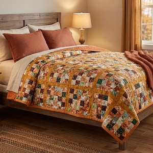 May include: A bed with a patchwork quilt in autumnal colours of orange, brown, and green. The bed has matching rust-coloured pillows and a folded throw. A wooden bedside table and lamp are also visible.