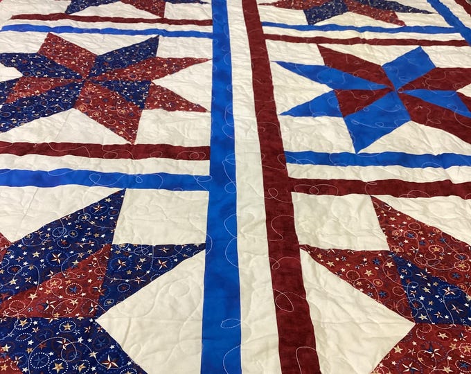 Featured listing image: Personalize King/Queen Star Quilt red white blue blanket throw comforter bedspread bedding bedroom linens