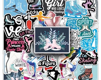 May include: A collection of colorful stickers featuring ice skates and figure skating themes. The stickers include text such as "Just a Girl Who Loves Skating", "Go Figure", and "This Princess Wears Figure Skates".