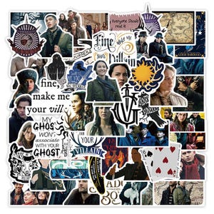May include: A colorful collage of stickers featuring characters and scenes from the popular fantasy novel "Six of Crows" by Leigh Bardugo. The stickers feature various characters, including Kaz Brekker, Inej Ghafa, Jesper Fahey, and Nina Zenik. The stickers also feature quotes from the book, such as "Fine, make me your villain" and "My ghost won't associate with your ghost."