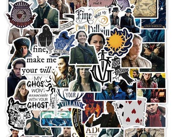 May include: A colorful collage of stickers featuring characters and scenes from the popular fantasy novel "Six of Crows" by Leigh Bardugo. The stickers feature various characters, including Kaz Brekker, Inej Ghafa, Jesper Fahey, and Nina Zenik. The stickers also feature quotes from the book, such as "Fine, make me your villain" and "My ghost won't associate with your ghost."