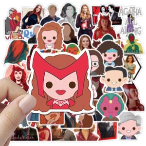 May include: A collection of colorful stickers featuring characters from a superhero series. The stickers include various portraits and cartoon illustrations of the characters, with a focus on a character with a red headpiece.