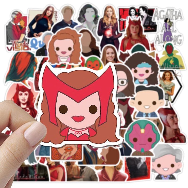 May include: A collection of colorful stickers featuring characters from a superhero series. The stickers include various portraits and cartoon illustrations of the characters, with a focus on a character with a red headpiece.