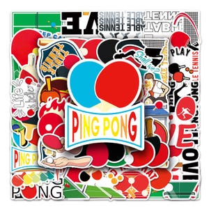 Paquete de 50 pegatinas de tenis de mesa, pegatinas para entusiastas del ping pong, pegatinas creativas de dibujos animados para bricolaje, impermeables, para baúl, cuaderno, patineta