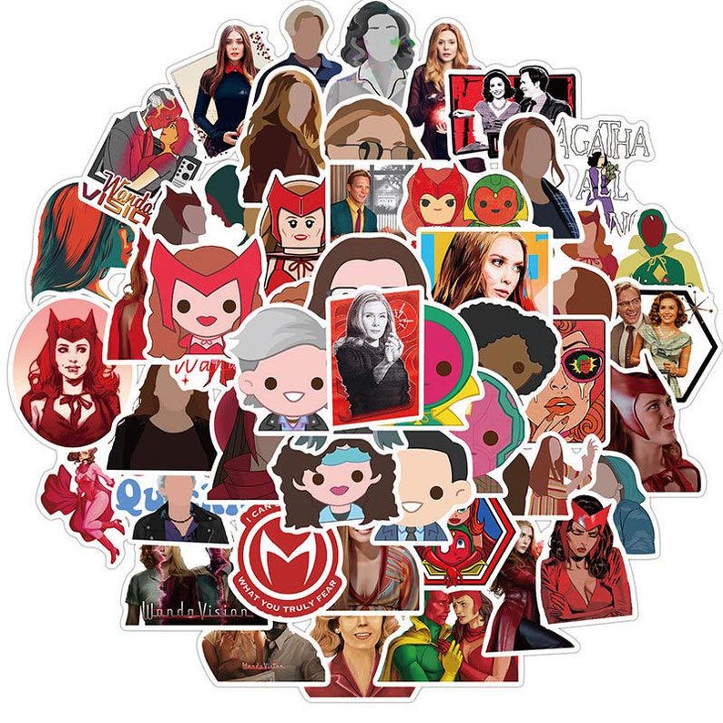 May include: A collection of colorful stickers featuring characters and imagery from a television series. The stickers showcase various characters in different poses and styles, including cartoon and realistic depictions. The color palette includes red, green, and blue.