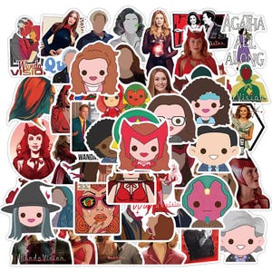 May include: A collection of colorful stickers featuring characters from the WandaVision series. The stickers showcase various portraits and cartoon illustrations of the characters, including Wanda, Vision, and Agatha Harkness. The stickers are in various shapes and sizes.