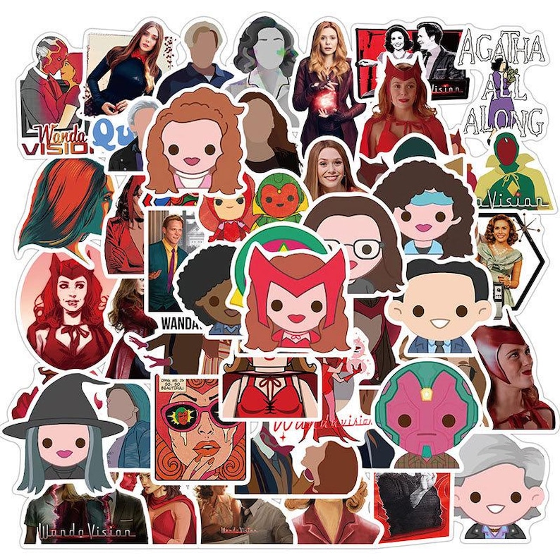 May include: A collection of colorful stickers featuring characters from the WandaVision series. The stickers showcase various portraits and cartoon illustrations of the characters, including Wanda, Vision, and Agatha Harkness. The stickers are in various shapes and sizes.