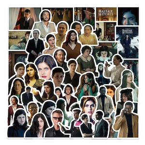 May include: A collection of die-cut stickers featuring various actors and scenes from the television series "Mayfair Witches." The stickers showcase a variety of characters in different poses and settings, with a mix of colors and styles.