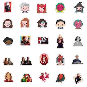May include: A collection of colorful stickers featuring characters and imagery from the WandaVision series. The stickers include portraits, cartoon illustrations, and scenes from the show, with a variety of colors and designs.