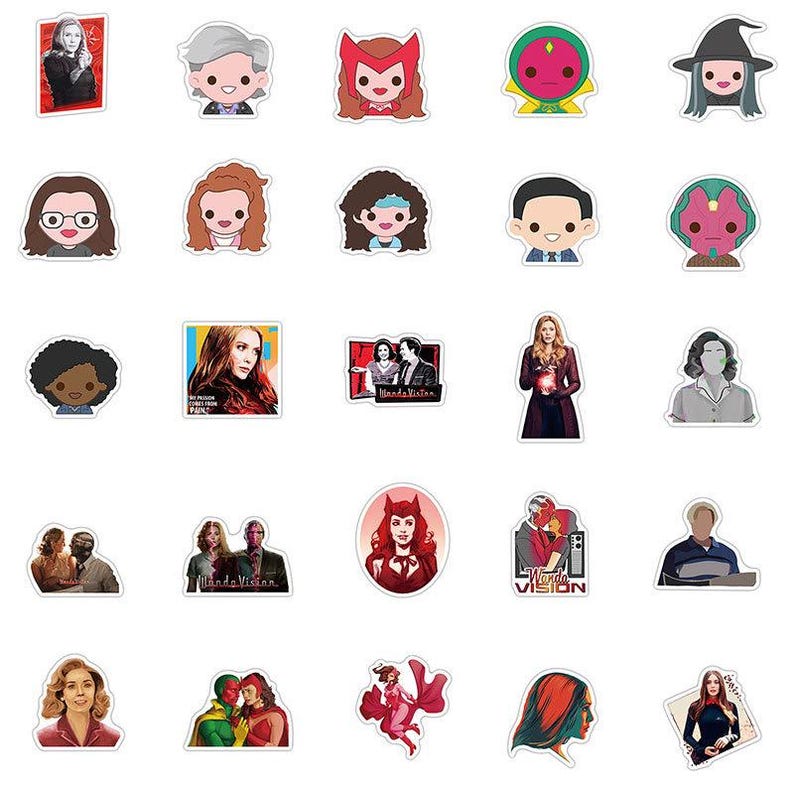 May include: A collection of colorful stickers featuring characters and imagery from the WandaVision series. The stickers include portraits, cartoon illustrations, and scenes from the show, with a variety of colors and designs.