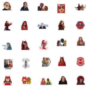 May include: A collection of colorful stickers featuring characters and imagery from the television series WandaVision. The stickers depict various characters, including Wanda Maximoff, Vision, and Agatha Harkness, in different poses and styles. The stickers are in various shapes and sizes.