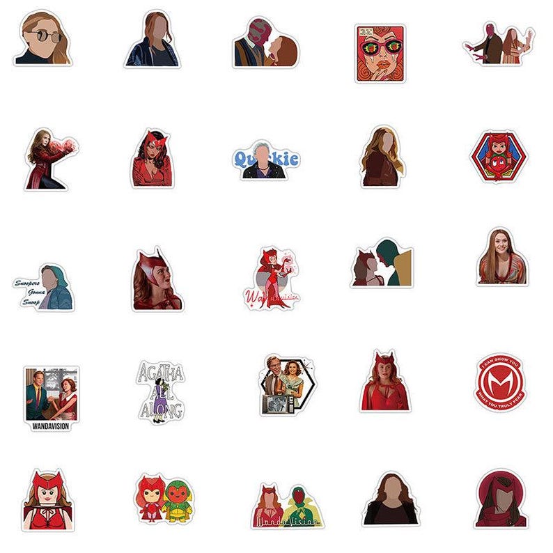 May include: A collection of colorful stickers featuring characters and imagery from the television series WandaVision. The stickers depict various characters, including Wanda Maximoff, Vision, and Agatha Harkness, in different poses and styles. The stickers are in various shapes and sizes.