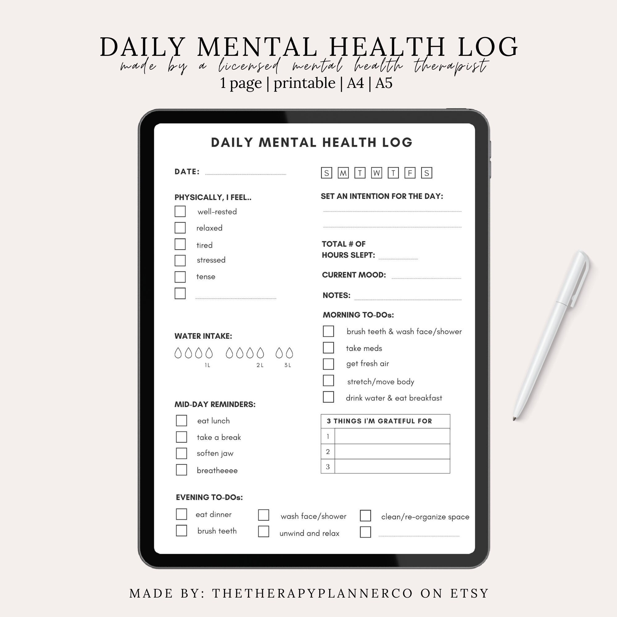 Printable or Digital Daily Mental Health Log created by a Therapist in