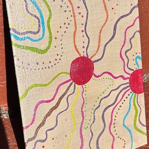 May include: Abstract art canvas with a beige background. The artwork features three large red circles, each with colourful, wavy lines and dotted patterns radiating outwards. The lines are in shades of blue, green, pink, orange, and brown.