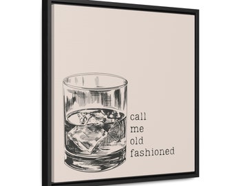 May include: A black and white illustration of a glass of whiskey with ice cubes. The text "call me old fashioned" is printed below the glass.