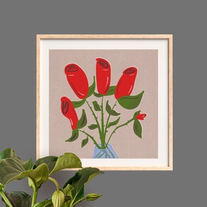 Rose abstraite, impression d&#39;art graphique peinte à la main, art mural floral pour la maison ou le bureau, art mural coloré, peinture de fleurs