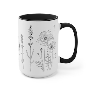 Floral Black & White Accent Mug, 15oz Mug, Black, Pink or Blue, Flower Mug Collection, Floral Tea Cup, Best Friend Gift