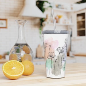 Watercolor Florals Plastic Tumbler with Straw, Iced Coffee Cup, To-Go Coffee Mug, Floral Water Bottle with Straw, Flower Gifts for Daughter