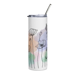 Watercolor Florals Stainless Steel 20oz Tumbler with Straw, Hot or Cold Drink Tumbler, Flower Print Gifts, To-Go Coffee Mug, Iced Coffee Cup