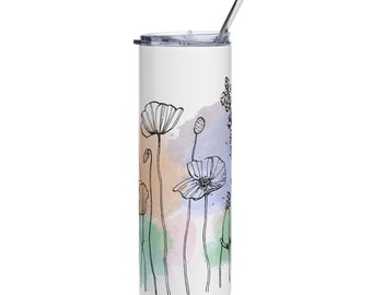 Watercolor Florals Stainless Steel 20oz Tumbler with Straw, Hot or Cold Drink Tumbler, Flower Print Gifts, To-Go Coffee Mug, Iced Coffee Cup