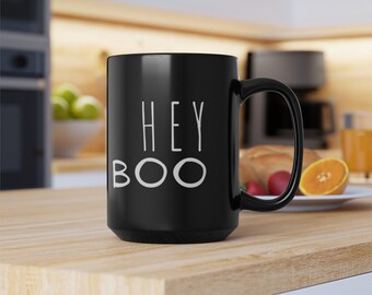 Hey Boo Ghost Mug, Cute Halloween Coffee Cup, 15oz