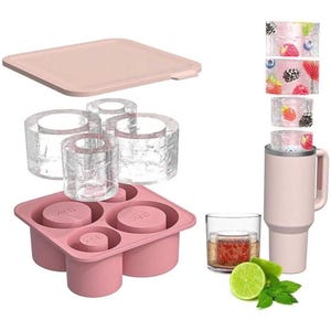 May include: A pink silicone ice mold set with a lid, designed to create round ice shot glasses. Includes a pink insulated tumbler, a glass with a shot glass of liquid, and a lime with mint. The ice glasses are filled with fruit.
